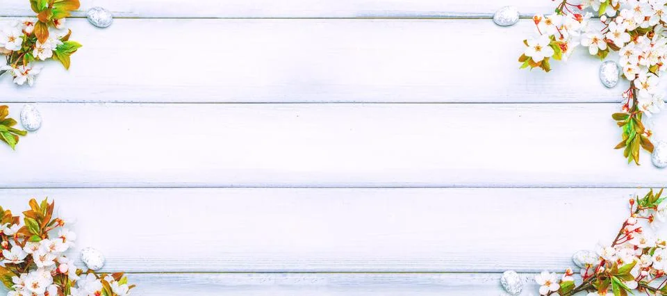 Easter white background. Spring flower border, white happy easter egg on wooden Foto stock