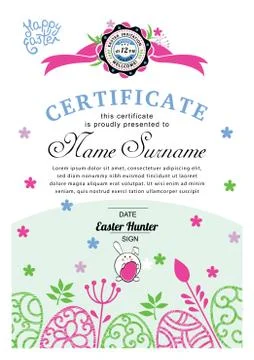 Easter white blue certificate with bunny, multicolored ornamental eggs. Pastel Stock Illustration