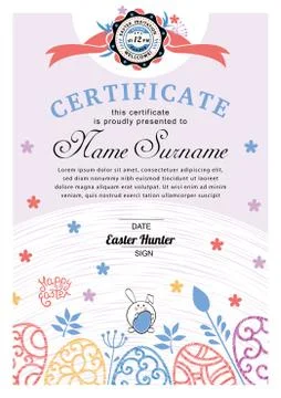 Easter white blue certificate with bunny, multicolored ornamental eggs. Pastel Stock Illustration