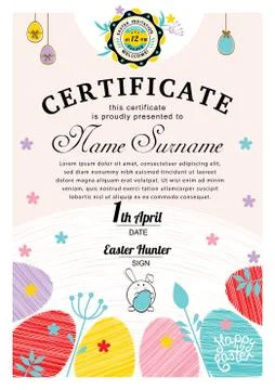 Easter white certificate with bunny, multicolored eggs Stock Illustration