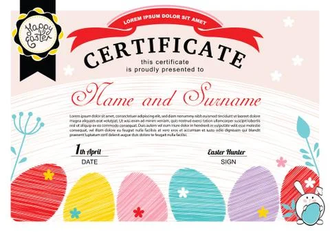 Easter white certificate with bunny, multicolored eggs Illustrazione stock