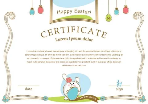Easter white certificate with bunny, multicolored eggs Stock Illustration