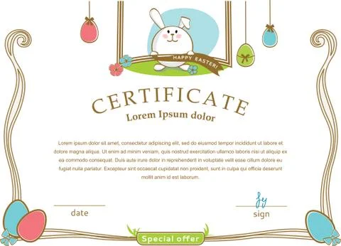Easter white certificate with bunny, multicolored eggs Stock Illustration