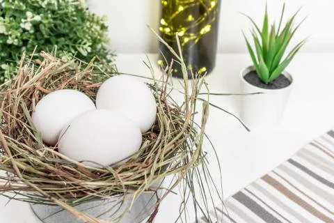 Easter white chicken eggs in straw nest, green spring plants and easter holid Stock Photos