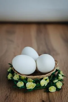 Easter white eggs wooden table Stock Photos