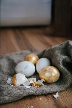 Easter white eggs wooden table Stock Photos