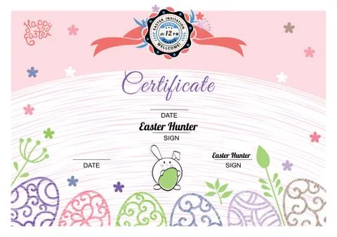 Easter white pink certificate with bunny, multicolored ornamental eggs. Pastel Stock Illustration