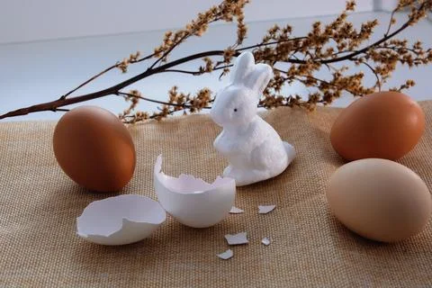 An Easter white rabbit and three brown eggs on a beige tablecloth and dry t.. Stock Photos
