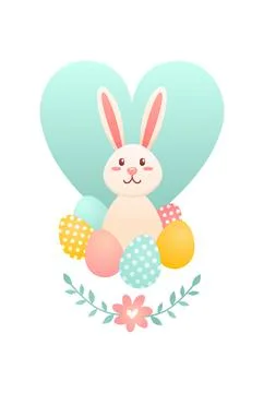 Easter white rabbit with eggs on heart background. Stock Illustration