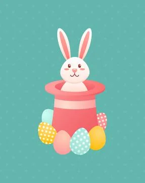 Easter white rabbit in a hat on polka dot background. Stock Illustration