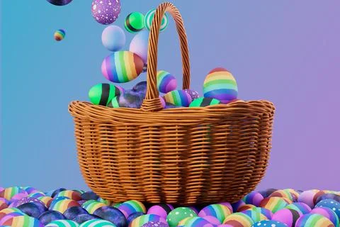 Easter wicker basket being filled with multi-color easter eggs 3D Illustration Stock Illustration