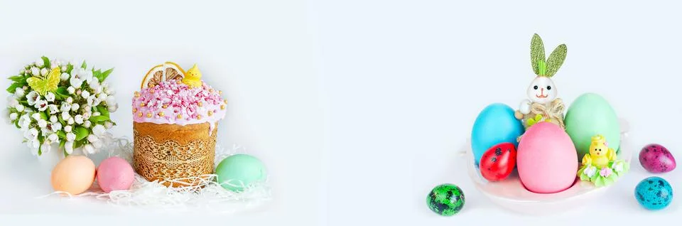 Easter widescreen white background with multicolored eggs on a stand with a r 写真素材