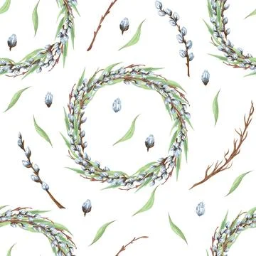 Easter willow seamless pattern. Watercolor spring background for design of gift 스톡 일러스트