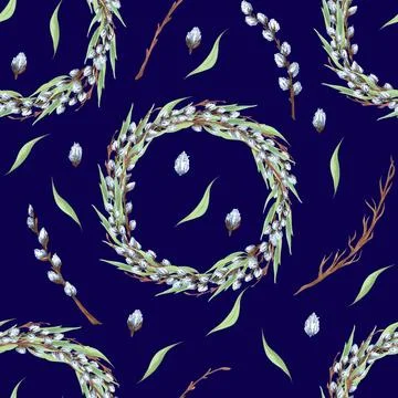 Easter willow seamless pattern. Watercolor spring background for design of gift Stock Illustration