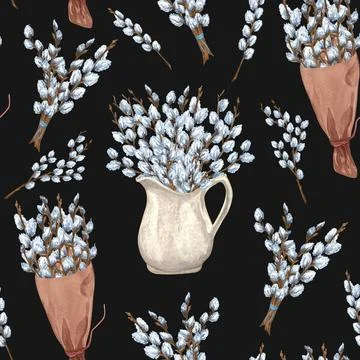 Easter willow seamless pattern. Watercolor spring background for design of... Stock Photos