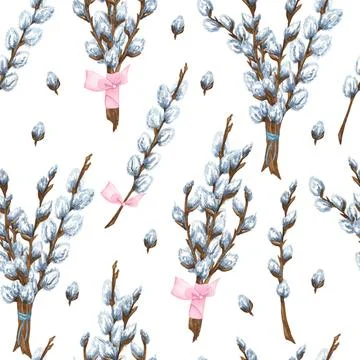 Easter willow seamless pattern. Watercolor spring background for design of... Stock Photos