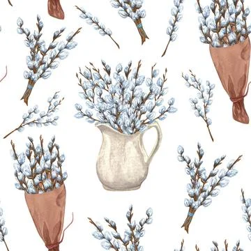 Easter willow seamless pattern. Watercolor spring background for design of... Stock Photos
