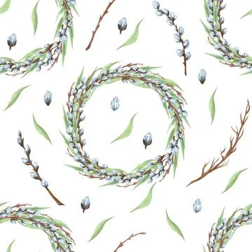 Easter willow seamless pattern. Watercolor spring background for design of... 스톡 사진