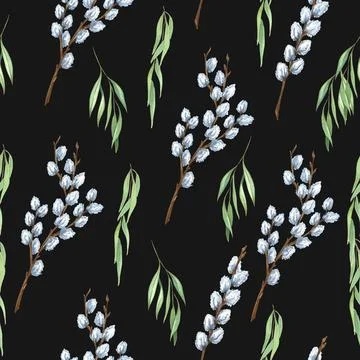 Easter willow seamless pattern. Watercolor spring background for design of... 스톡 사진
