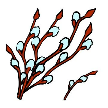 Easter Willow sprigs sticker set on white isolated backdrop stock vector illu Stock Illustration