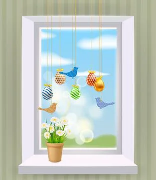 Easter window with colored Easter eggs and birds. Colorful spring flowers Stock Illustration