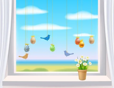 Easter window with colored Easter eggs and birds. Colorful spring flowers Illustrazione stock