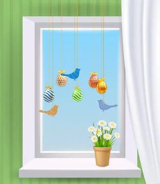 Easter window inerior with colored Easter eggs and birds. Colorful spring Illustrazione stock