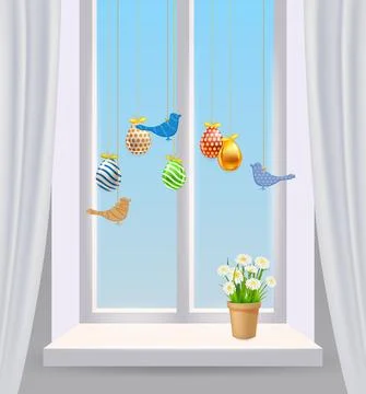 Easter window inerior with colored Easter eggs and birds. Colorful spring Stock Illustration