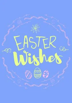 Easter wishes text in pink frame and yellow decorations on blue background Illustrazione stock