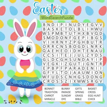 Easter word search puzzle with cute cartoon bunny. Funny holiday crossword. Illustrazione stock