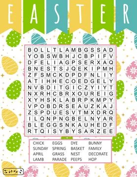 Easter word search puzzle. Printable  game for kids. Funny holiday crossword. Illustrazione stock