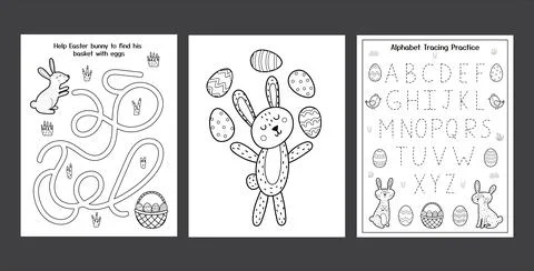 Easter Worksheets set with cute bunnies. Black and white spring activity pages Stock Illustration