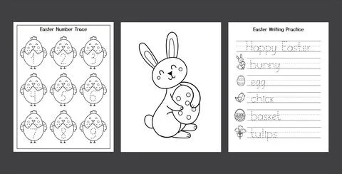 Easter Worksheets set with cute bunny and chick. Black and white spring activity Stock Illustration
