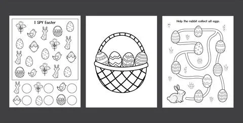 Easter Worksheets set with cute bunny. Black and white spring activity pages Stock Illustration