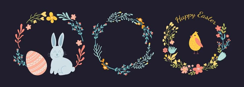 Easter wreath with easter bunny, bird, egg and flowers on dark background. 스톡 일러스트