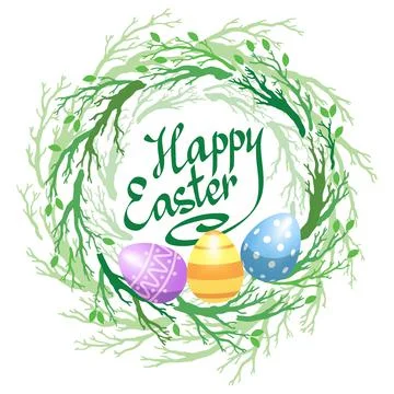 Easter wreath with easter eggs and twigs and leaves. Decorative frame 스톡 일러스트