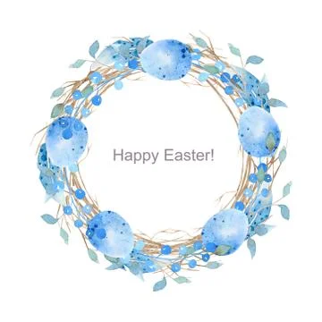 Easter wreath with easter eggs, feathers and spring twigs drawn in watercolor Stock Illustration