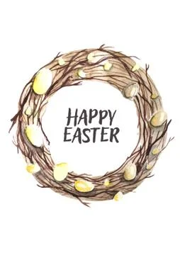 Easter wreath with easter eggs hand drawn black on white background. Decorative Stock Illustration