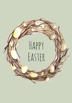 Easter wreath with easter eggs hand drawn black on white background. Decorative Stock Illustration