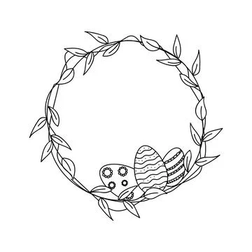 Easter wreath with Easter eggs, leaves and branches on white background in Stock Illustration