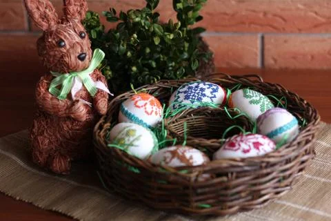 Easter wreath with eggs and hare Stock Photos