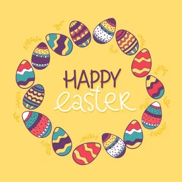 Easter wreath, eggs hand drawn on yellow background. Hand drawn Decorative do Stock Illustration