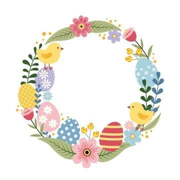Easter Wreath Frame with Colorful Patterned Eggs Flowers and Cute Chicks. V.. Stock Illustration