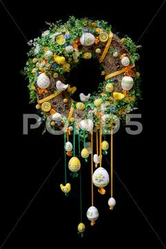 Easter wreath isolated on black background Stock Photos