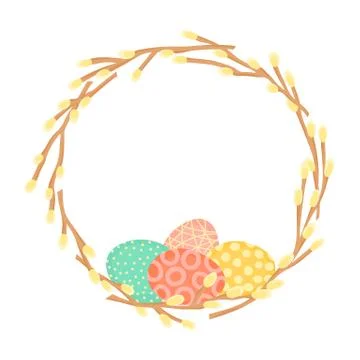Easter wreath made of willow branches and painted eggs. Festive frame in vector Stock Illustration
