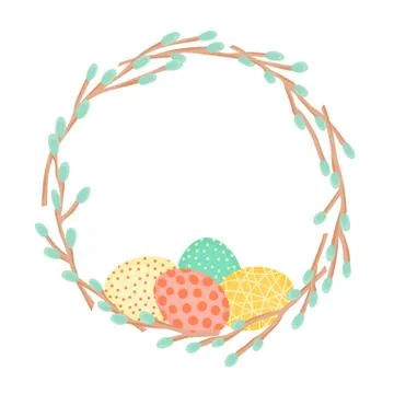 Easter wreath made of willow branches and painted eggs. Festive frame in vector Stock Illustration