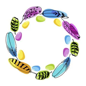 Easter Wreath. Round frame with bright feathers, different colored eggs and copy Stock Illustration