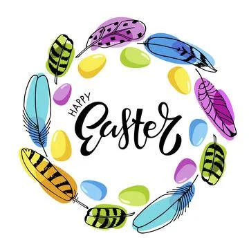 Easter Wreath. Round frame with bright feathers, different colored eggs and Illustrazione stock