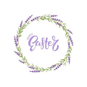 Easter Wreath. Round frame with lavander plant and Happy Easter handdrawn Stock Illustration