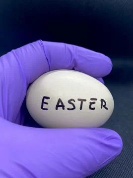 Easter written on egg kept in gloved hand closeup view with selective focus o Stock-Fotos